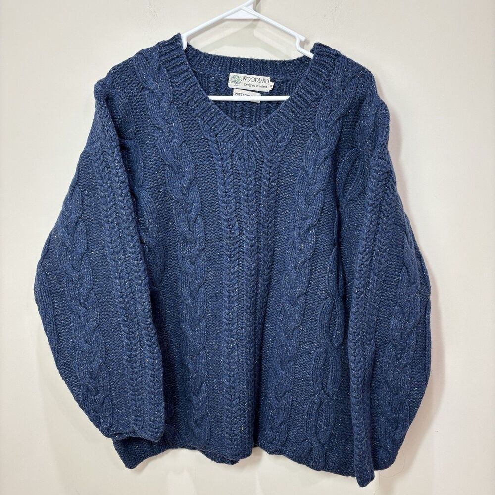 Woodland Handknit Sweater Wool Silk Women S/M Blue Ireland Fisherman Cable Knit
